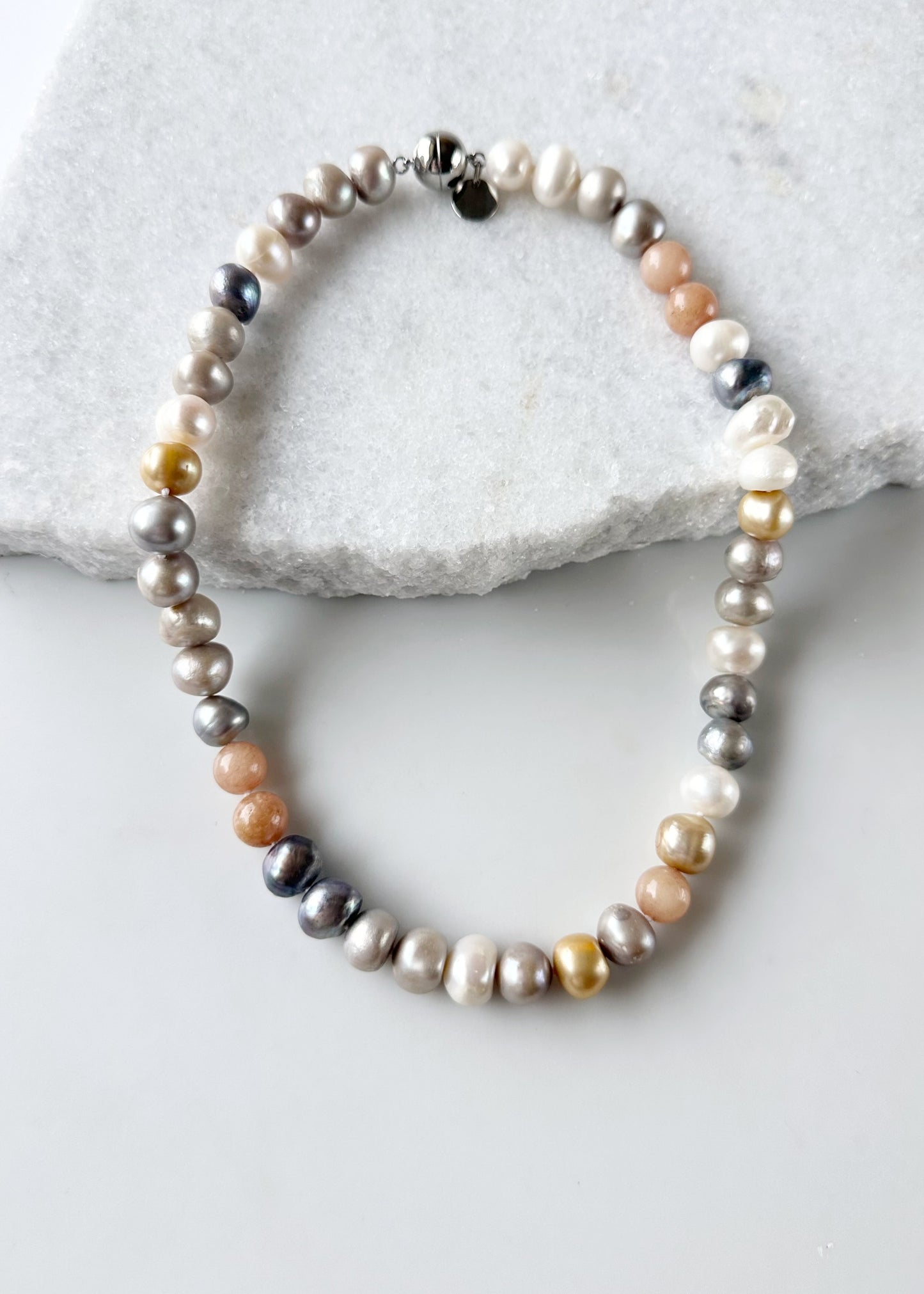 Freshwater Pearls and Semi-Precious Stones Mix Necklace  highlighting Peach on a Strong and Secure Magnetic Clasp for easy Carefree Wear.