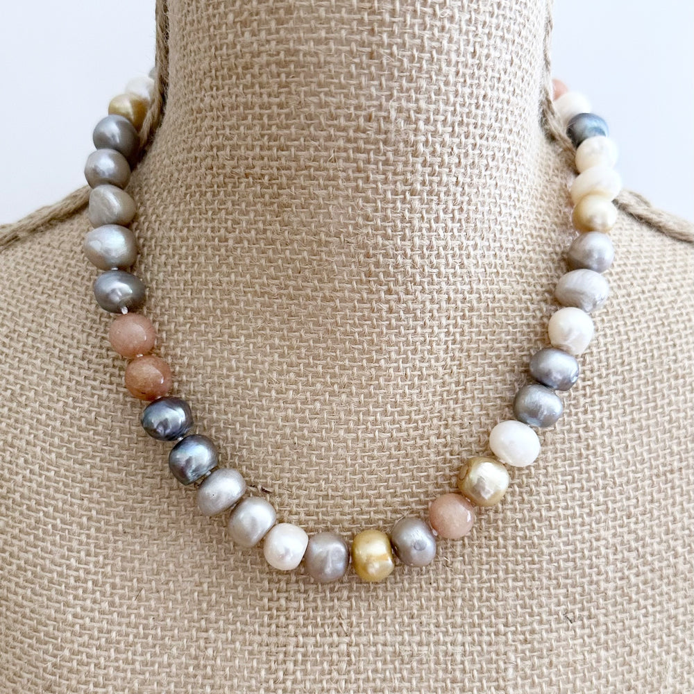 
                      
                        Freshwater Pearls and Semi-Precious Stones Mix Necklace  highlighting Peach on a Strong and Secure Magnetic Clasp for easy Carefree Wear. Shown on Bust
                      
                    