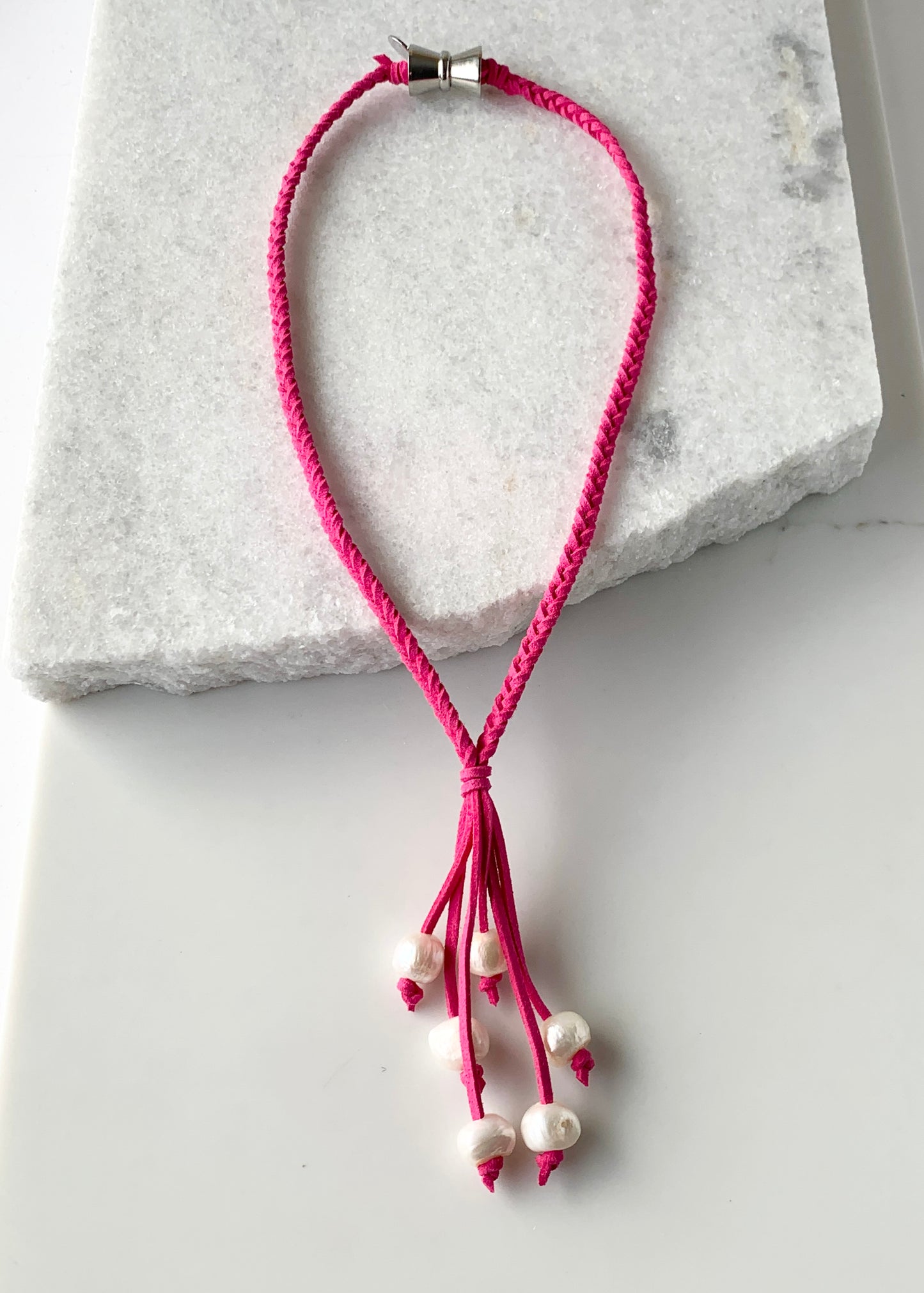 White Freshwater Pearl Necklace on Braided Fuchsia Vegan Suede.  Strong Secure Magnetic Clasp for Easy Wear.