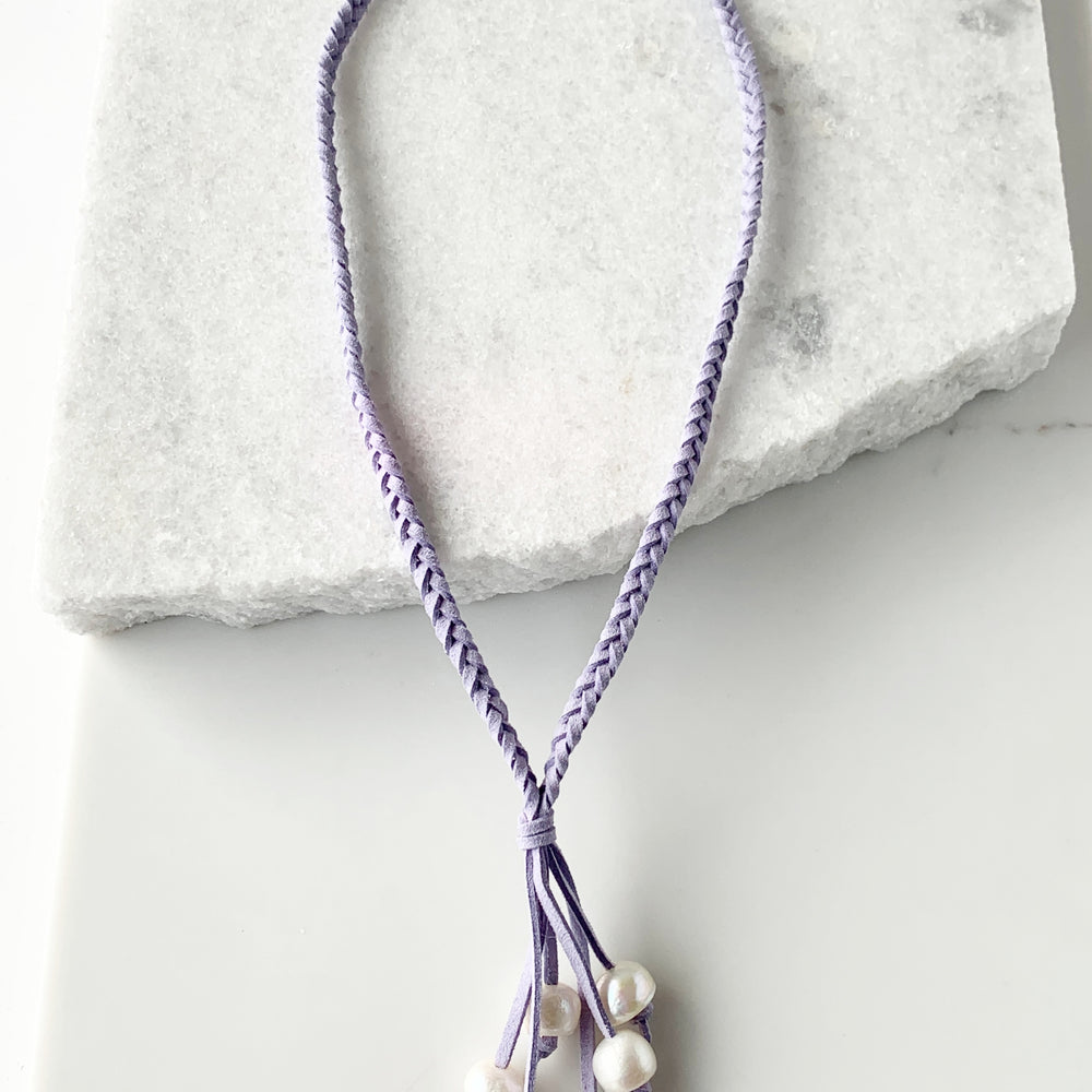 White Freshwater Pearl Necklace on Braided Mauve Vegan Suede.  Strong Secure Magnetic Clasp for Easy Wear.