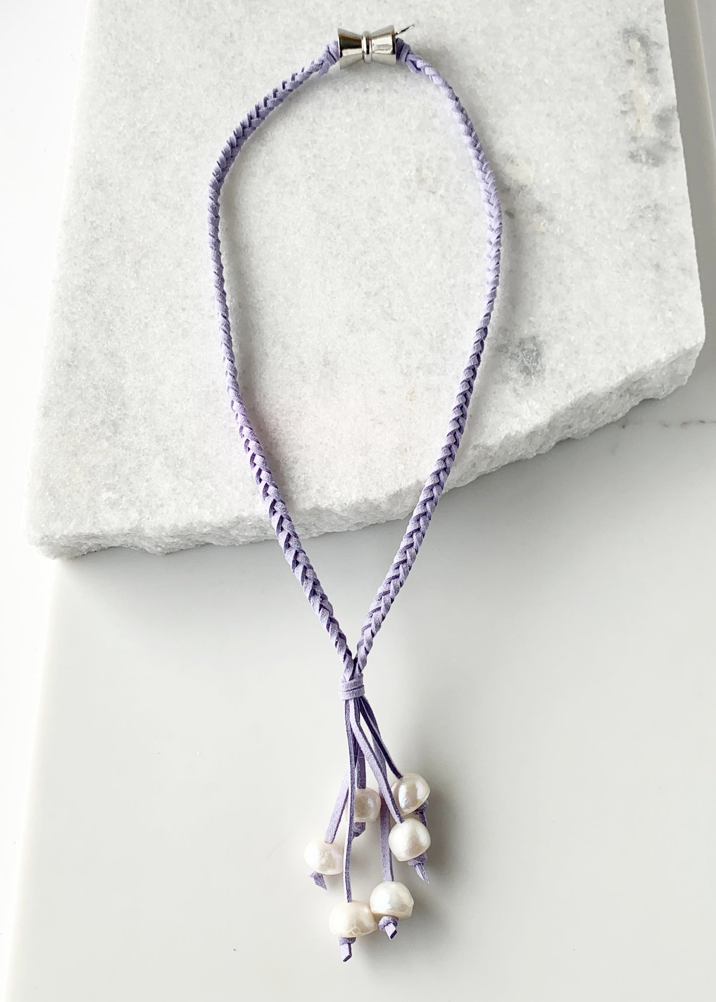 White Freshwater Pearl Necklace on Braided Mauve Vegan Suede.  Strong Secure Magnetic Clasp for Easy Wear.