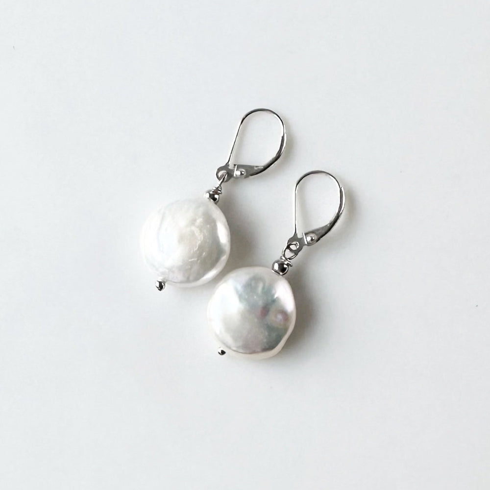 White Freshwater Coin Pearl Earrings with white crystal bead on Sterling Silver Lever backs.