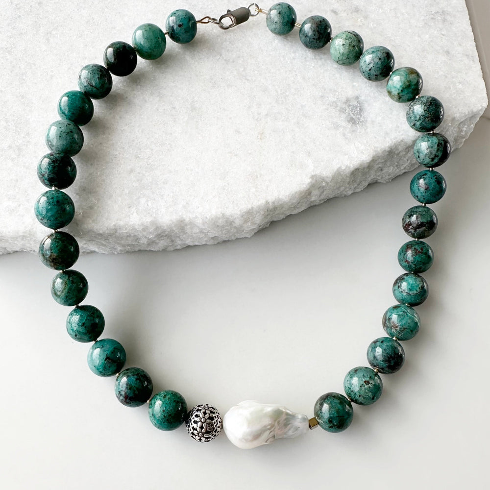 Exquisite One-of-a-kind Chrysocolla/Cuprite and Baroque Pearl Necklace with Sterling Silver Lobster Claw Clasp. Newly Released.