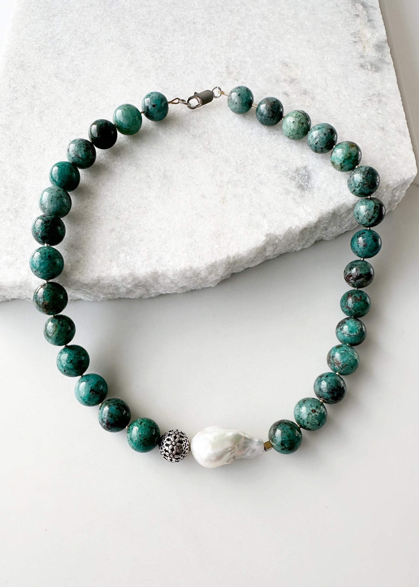 Exquisite One-of-a-kind Chrysocolla/Cuprite and Baroque Pearl Necklace with Sterling Silver Lobster Claw Clasp. Newly Released.