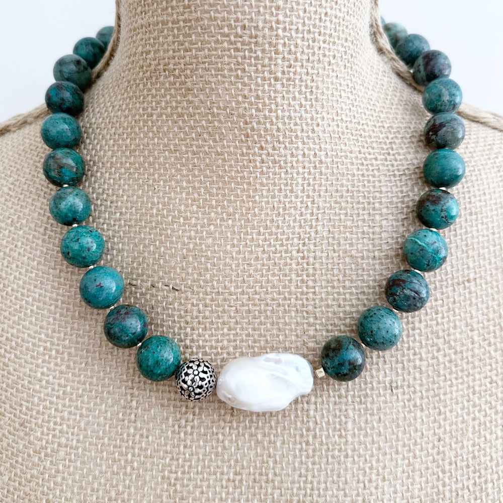 
                      
                        Exquisite One-of-a-kind Chrysocolla/Cuprite and Baroque Pearl Necklace with Sterling Silver Lobster Claw Clasp. Newly Released. On Bust
                      
                    