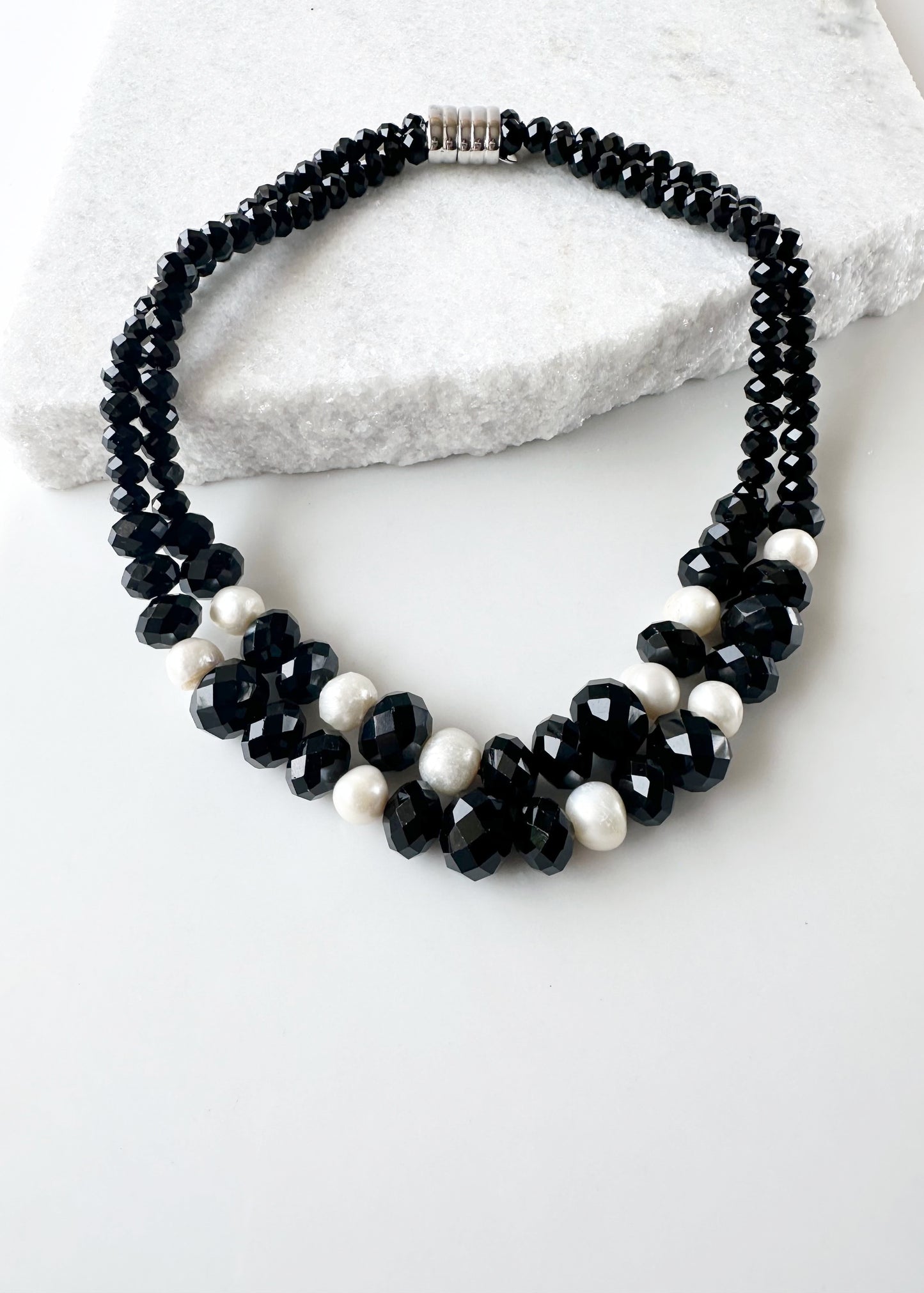 Two Strand White Freshwater Pearl Necklace with Large Faceted Black Crystals Joined by a Strong Secure Magnetic Clasp for Easy Wear