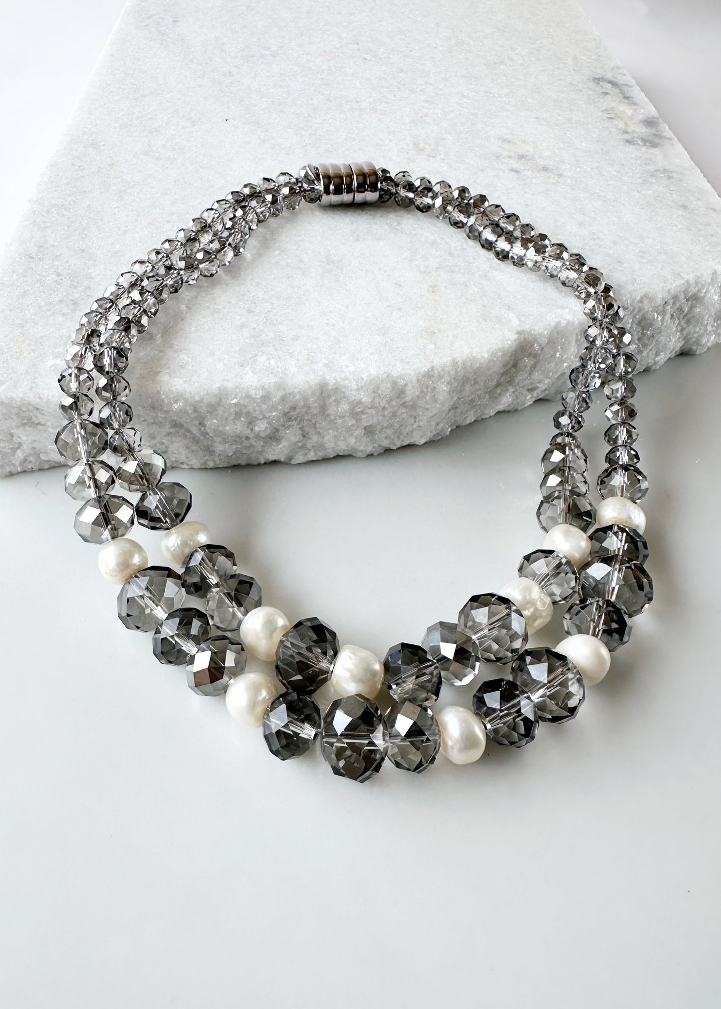 Two Strand White Freshwater Pearl Necklace with Large Faceted Smoke Crystals Joined by a Strong Secure Magnetic Clasp for Easy Wear