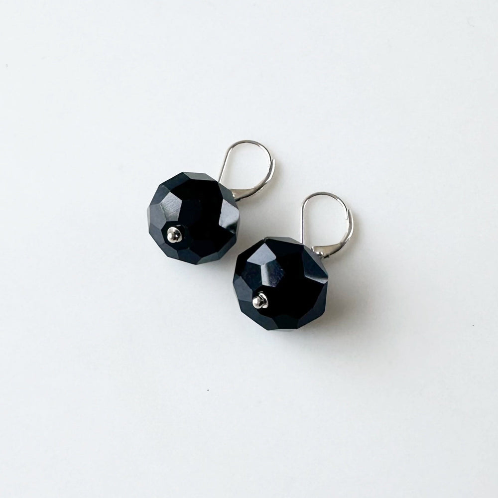 
                      
                        Large Black Faceted Crystals Dangle from Sterling Silver Lever Backs.
                      
                    