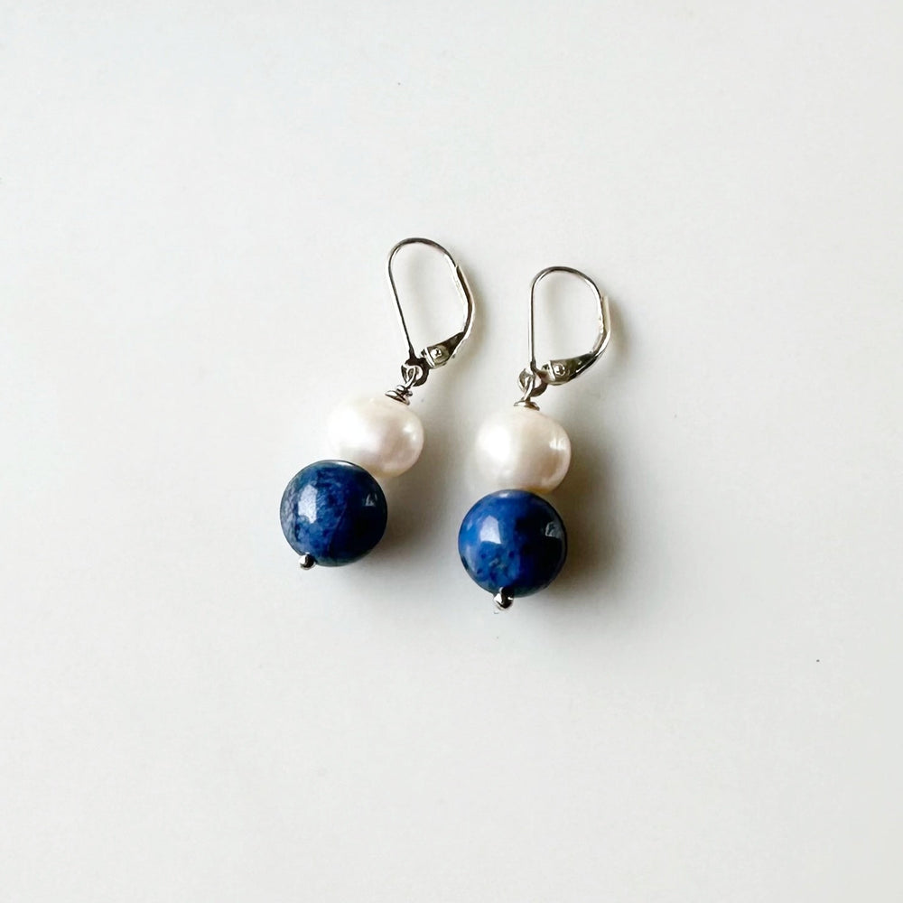 Blue dumortierite and white pearl earrings