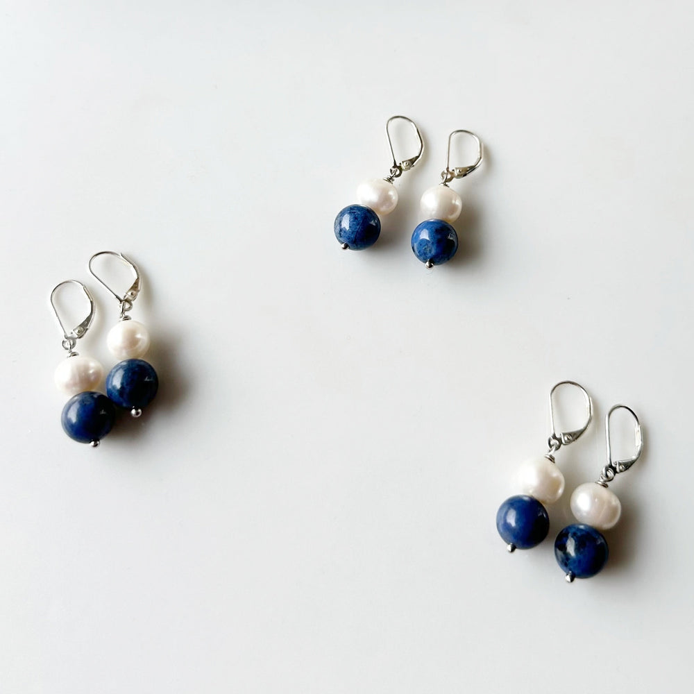 Blue dumortierite and white pearl earrings