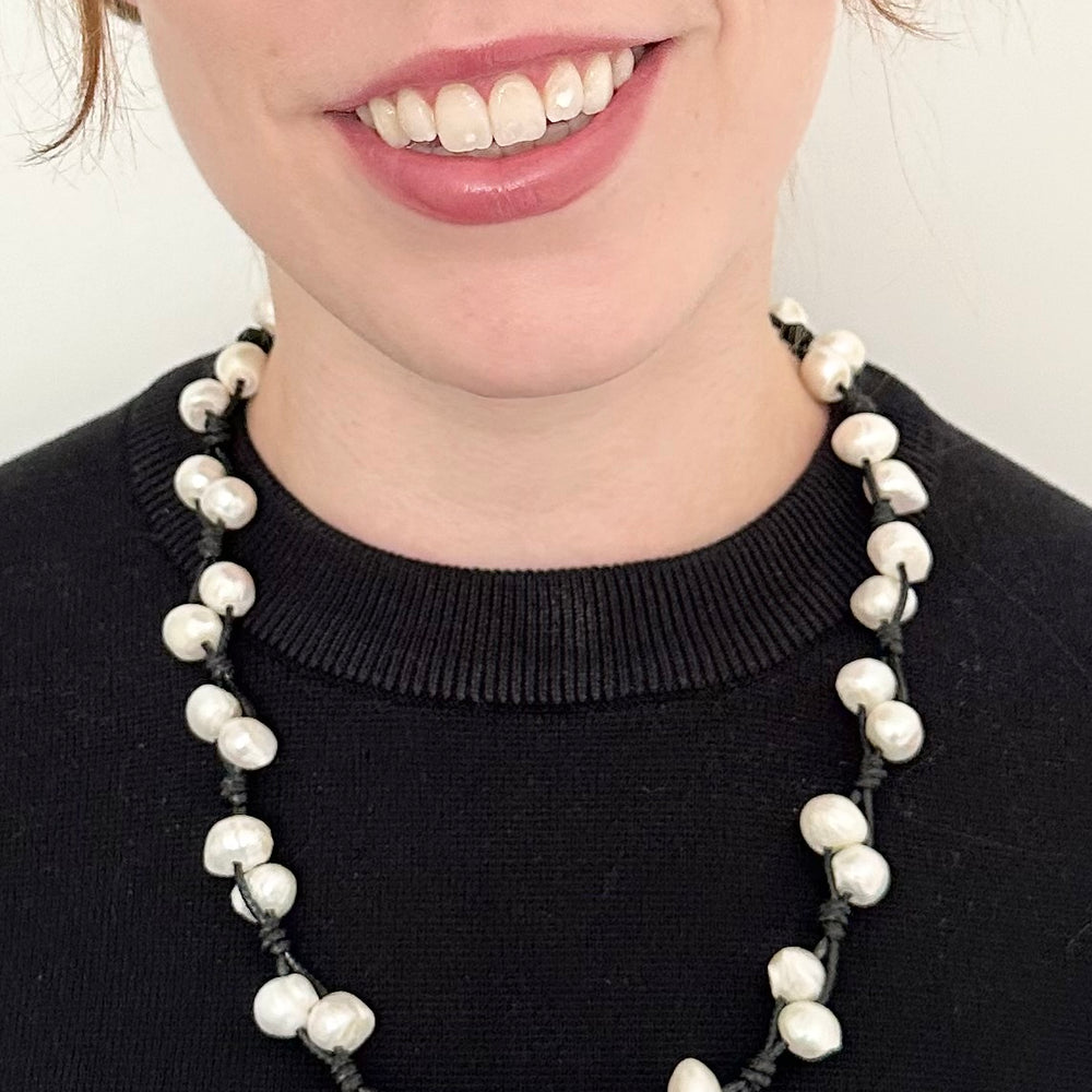 
                      
                        This Casually Elegant 23” Necklace has Large Organic Freshwater Pearls Knotted on Cotton Cord with a Large Lobster Claw Clasp and a 2" extender chain. Perfect for everyday! Designed in Canada
                      
                    
