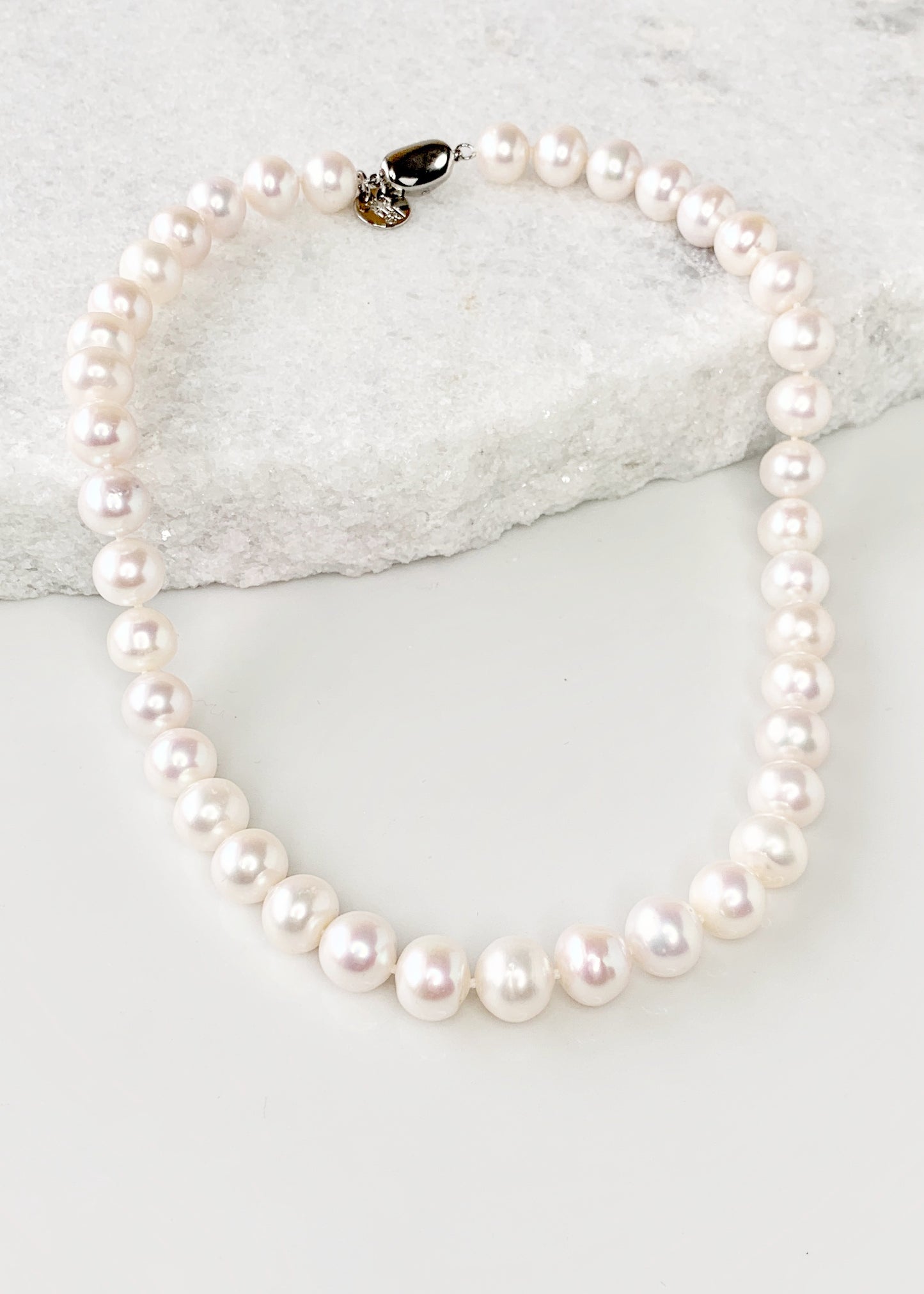 Large (11-12mm) Lustrous White Freshwater Pearl Necklace with Bean Clasp for Easy Wear