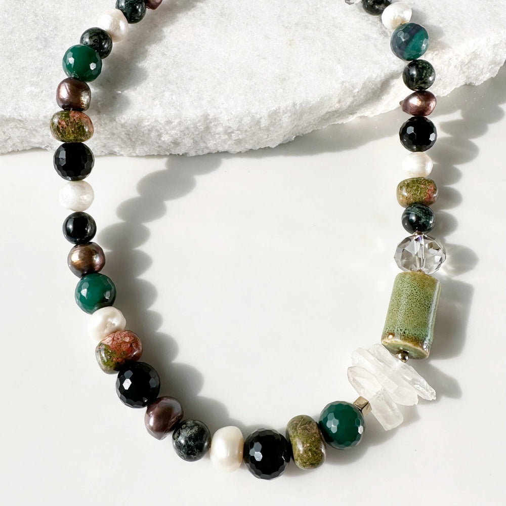 Unique Necklace made up of Freshwater Pearls, Jasper, Unakite, Agate, Porcelain, Crystal with a Strong Secure Magnetic Clasp for Easy Wear.