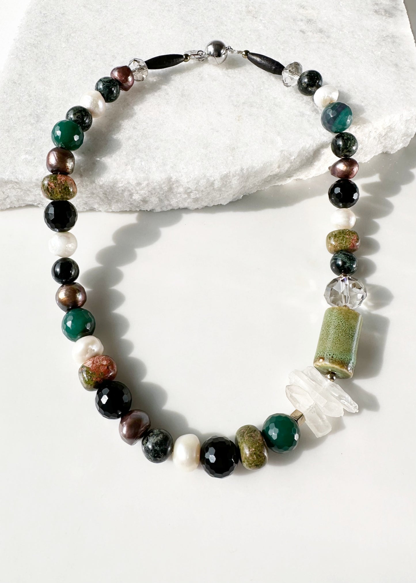 Unique Necklace made up of Freshwater Pearls, Jasper, Unakite, Agate, Porcelain, Crystal with a Strong Secure Magnetic Clasp for Easy Wear.