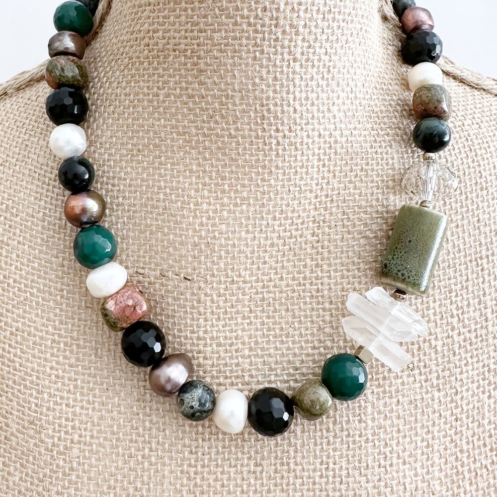 Unique Necklace made up of Freshwater Pearls, Jasper, Unakite, Agate, Porcelain, Crystal with a Strong Secure Magnetic Clasp for Easy Wear. On Bust