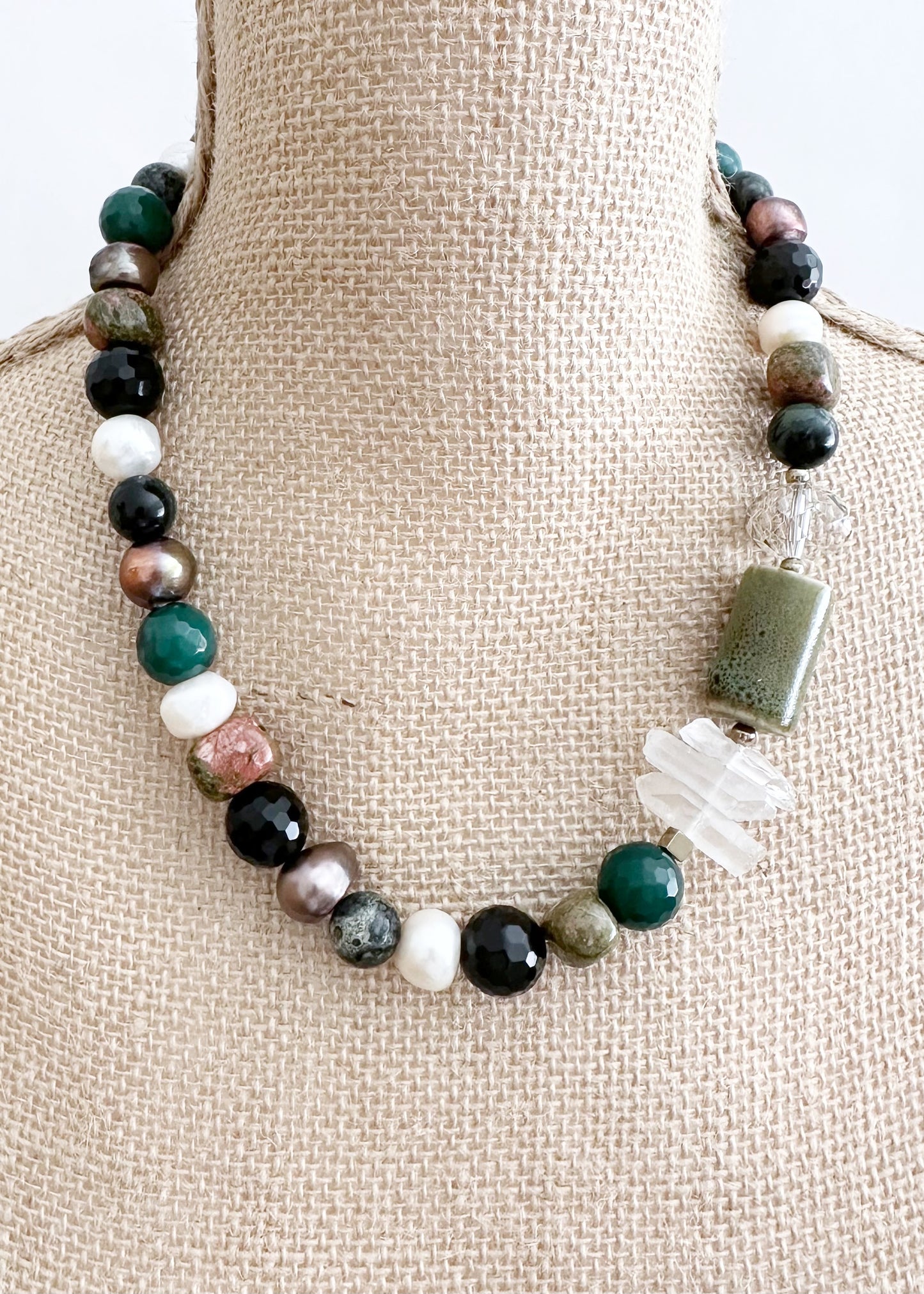 Unique Necklace made up of Freshwater Pearls, Jasper, Unakite, Agate, Porcelain, Crystal with a Strong Secure Magnetic Clasp for Easy Wear. On Bust