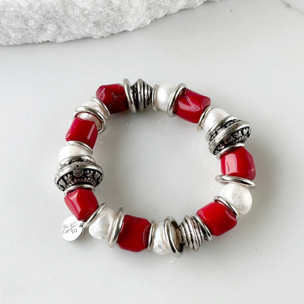 Lustrous Baroque Freshwater Pearls, Large Semi-Precious Stones, Metal Beads and Silver Bands make up this Stretch Bracelet (approx. 7”) in Three Different Colour Combinations. Red and White (for Canada) are Highlighted