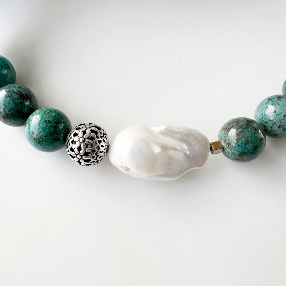 Exquisite One-of-a-kind Chrysocolla/Cuprite and Baroque Pearl Necklace with Sterling Silver Lobster Claw Clasp. Newly Released. Magnified Pearl and Accents