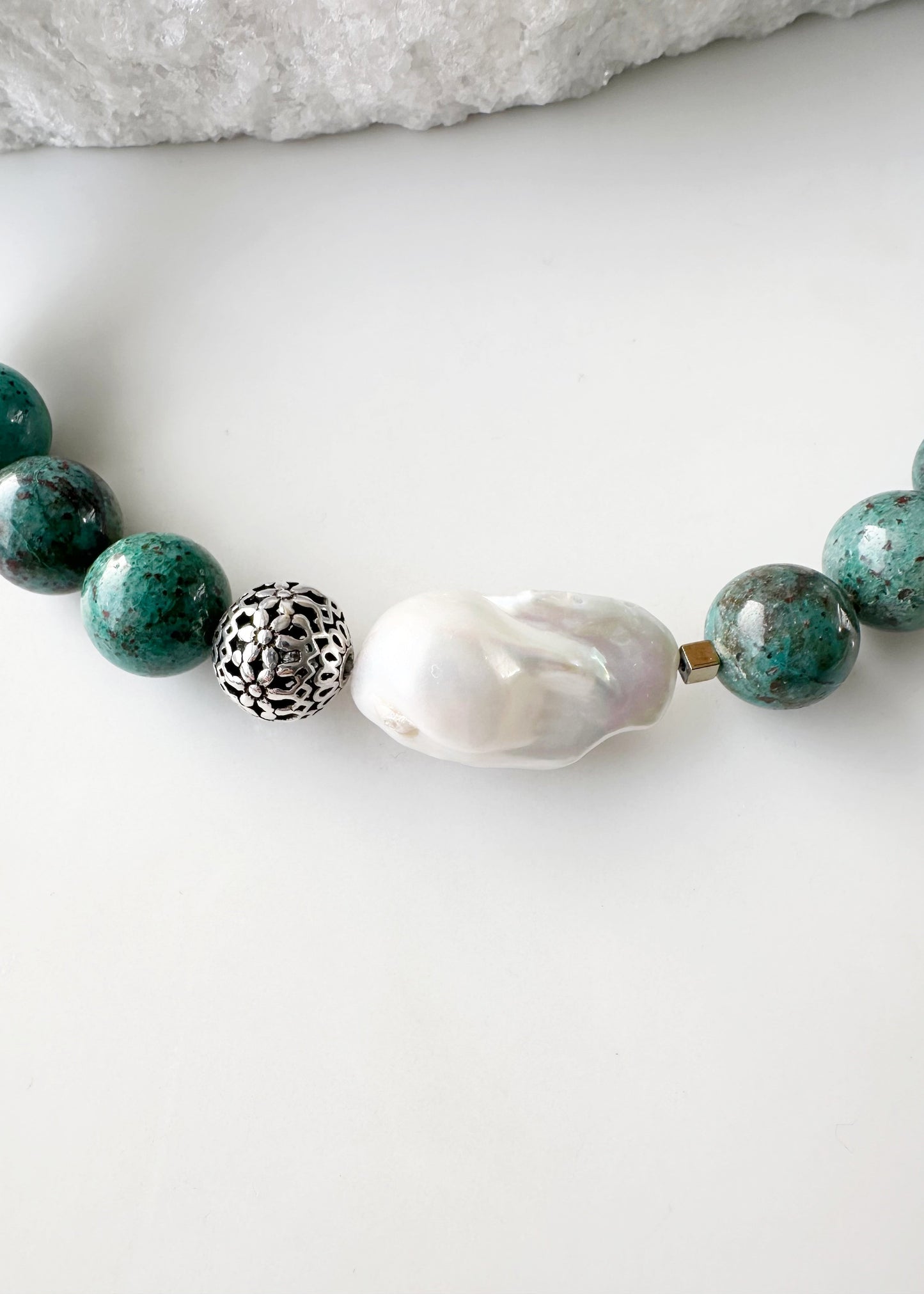 Exquisite One-of-a-kind Chrysocolla/Cuprite and Baroque Pearl Necklace with Sterling Silver Lobster Claw Clasp. Newly Released. Magnified Pearl and Accents