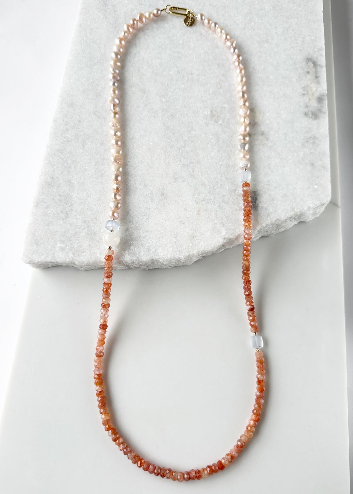 SUNSTONE, CHALCEDONY & PINK PEARL NECKLACE - WANTED ONE OF A KIND