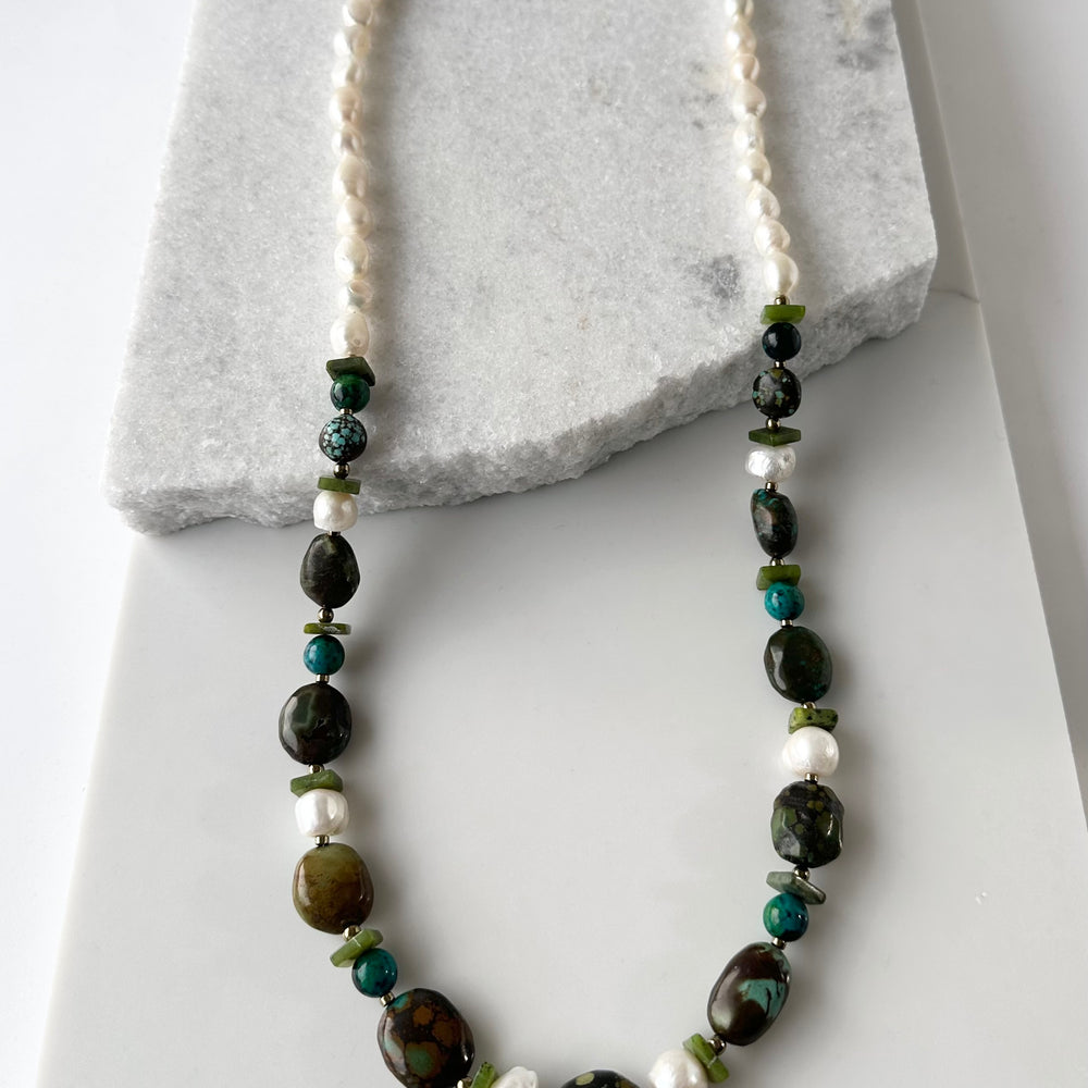 
                      
                        TURQUOISE, JADE, CHRYSOCOLLA & PEARL NECKLACE - WANTED ONE OF A KIND
                      
                    