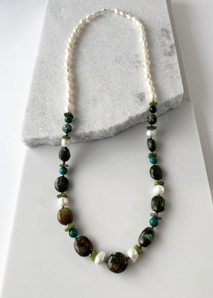 
                  
                    TURQUOISE, JADE, CHRYSOCOLLA & PEARL NECKLACE - WANTED ONE OF A KIND
                  
                