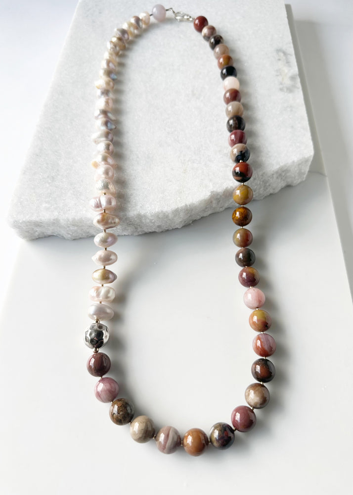 PETRIFIED WOOD OPALITE & BAROQUE PEARL NECKLACE - WANTED ONE OF A KIND