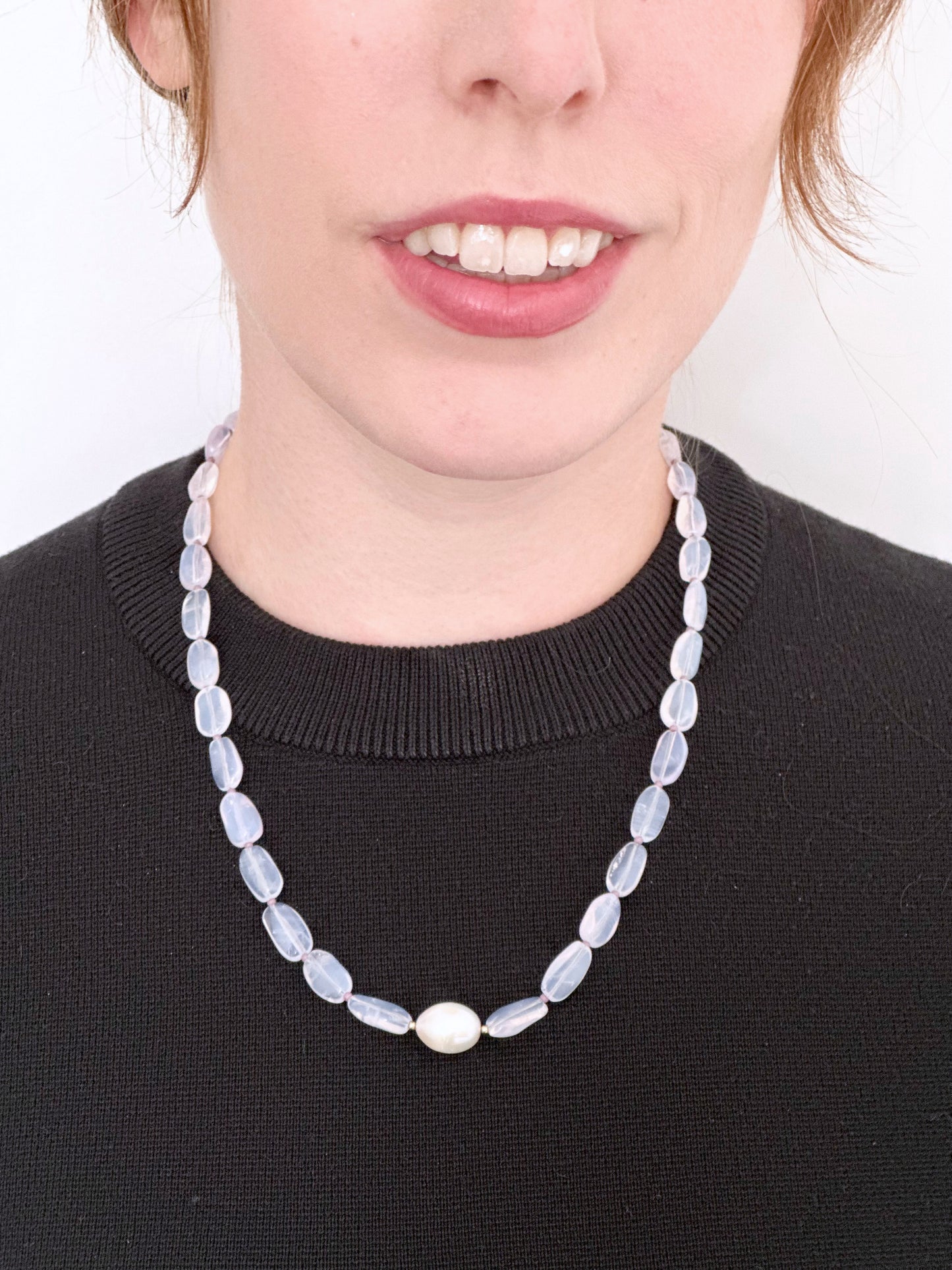 Pretty Limited Edition 20.5" Necklace with Beautiful Lavender Amethyst (Soft Milky Finish) and a Large White Freshwater Pearl with Gold Accents.  Designed and Made in Canada, this piece is Finished with a Gold-Filled Lobster Claw Clasp.