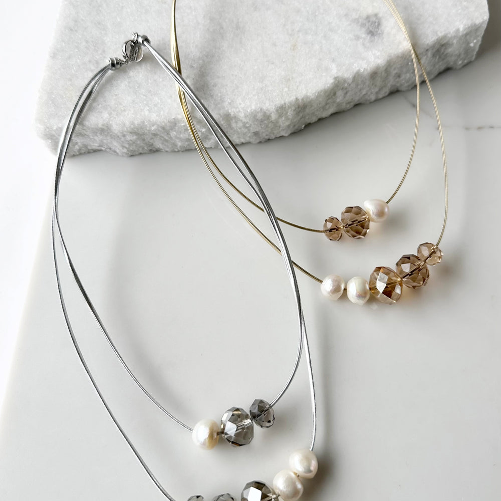 
                      
                        Large Baroque Freshwater White Pearls and Large Silver or Gold Crystals on Two Strands of Silver or Gold Metallic Cord, Finished by a Strong Secure Magnetic Clasp for Easy Wear. Both Shown
                      
                    