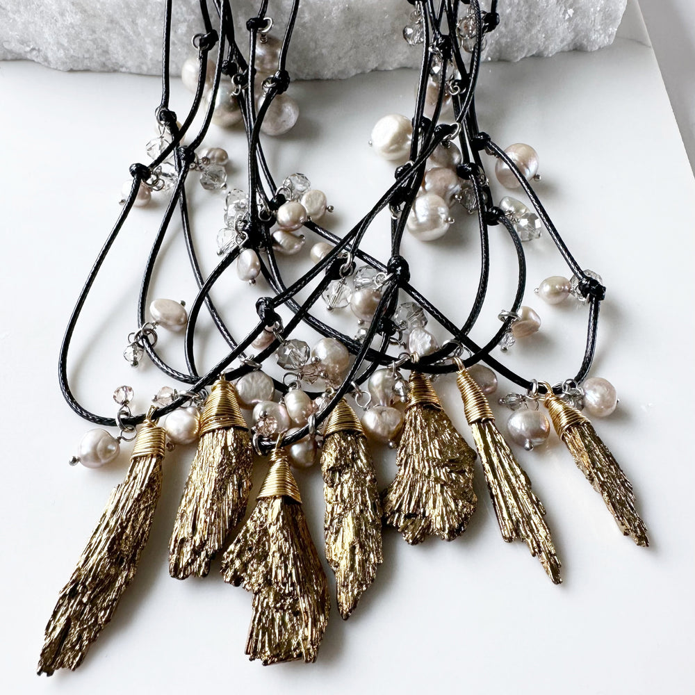 Champagne Baroque Freshwater Pearls and Faceted Crystals Dangling on Black Cotton Cord For a  Necklace with Plated Tourmaline Pendant giving a 23.6” Drop. Various shown