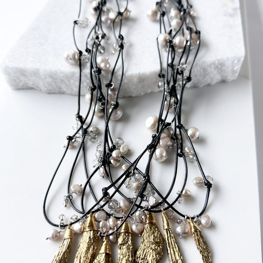 
                      
                        Champagne Baroque Freshwater Pearls and Faceted Crystals Dangling on Black Cotton Cord For a  Necklace with Plated Tourmaline Pendant giving a 23.6” Drop. Various Shown
                      
                    