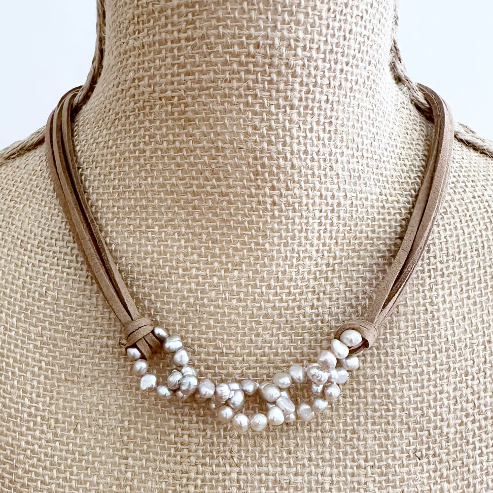 
                      
                        4-5mm Linked Baroque Champagne Freshwater Pearls on Vegan Suede Cord with Strong Secure Magnetic Clasp for Easy Wear. On Bust
                      
                    