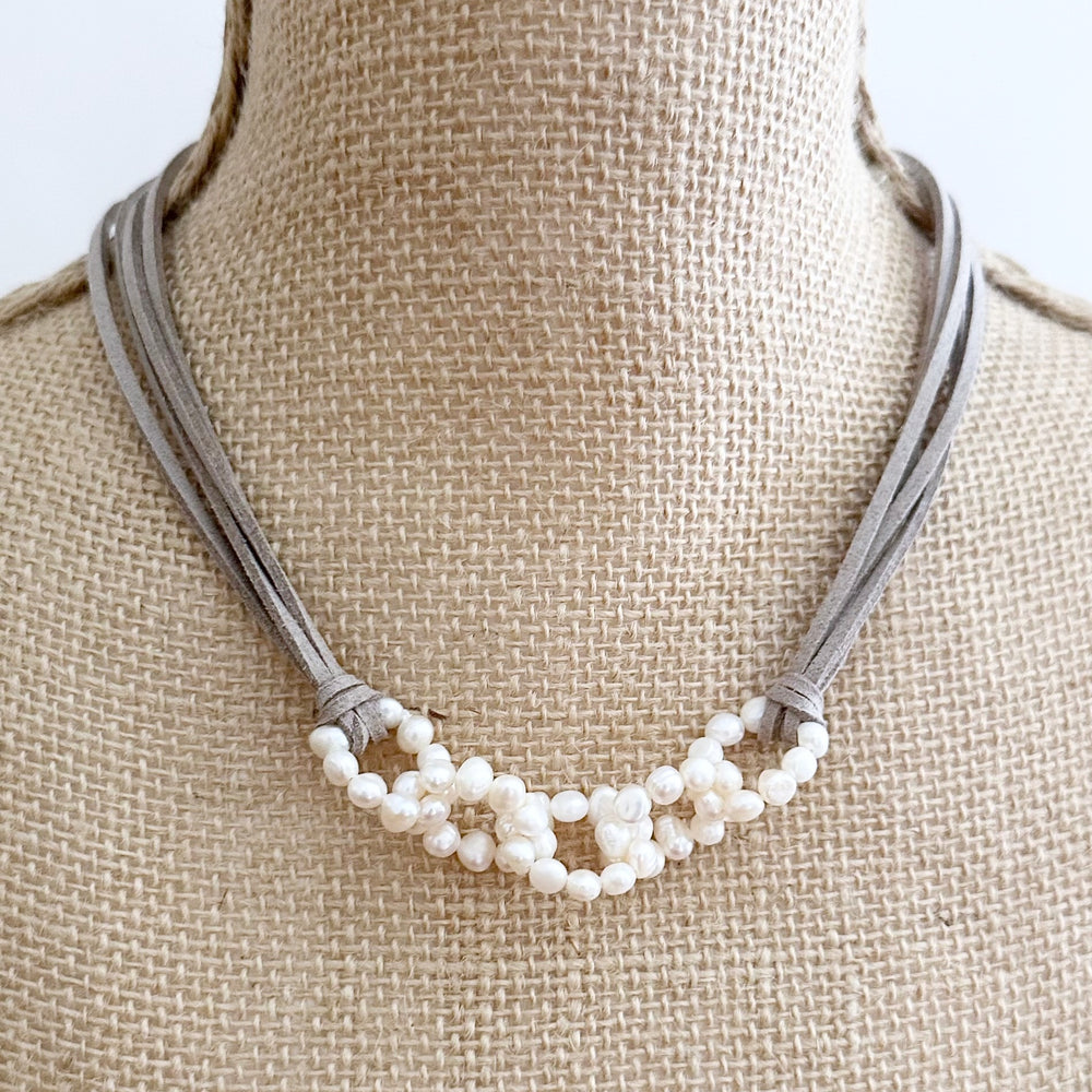 
                      
                        4-5mm Linked Baroque White Freshwater Pearls on Vegan Suede Cord with Strong Secure Magnetic Clasp for Easy Wear. On Bust
                      
                    