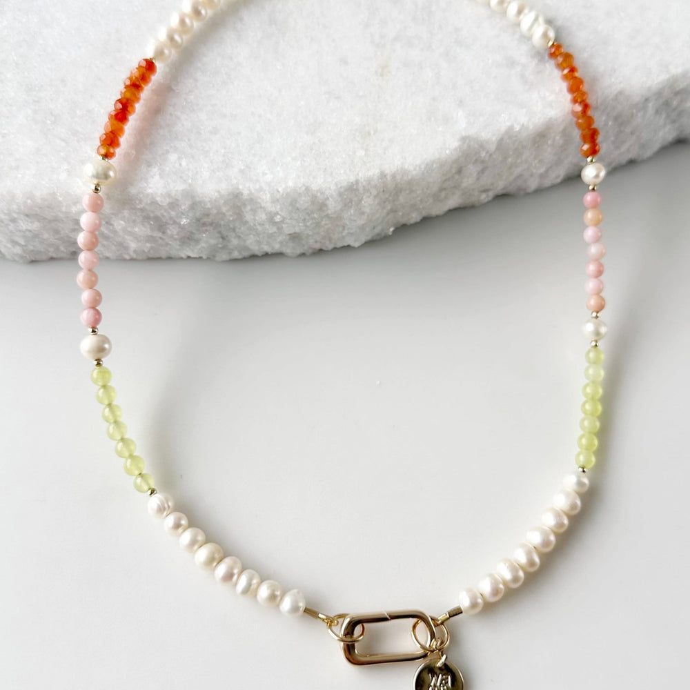 A Trio of Semi-Precious Stones, 5mm White Freshwater Pearls, Gold-Filled Beads and a Gold-Plated Rectangular Charm Clasp Combine to Make this 18” Necklace a One-Of-A-Kind Treat.
