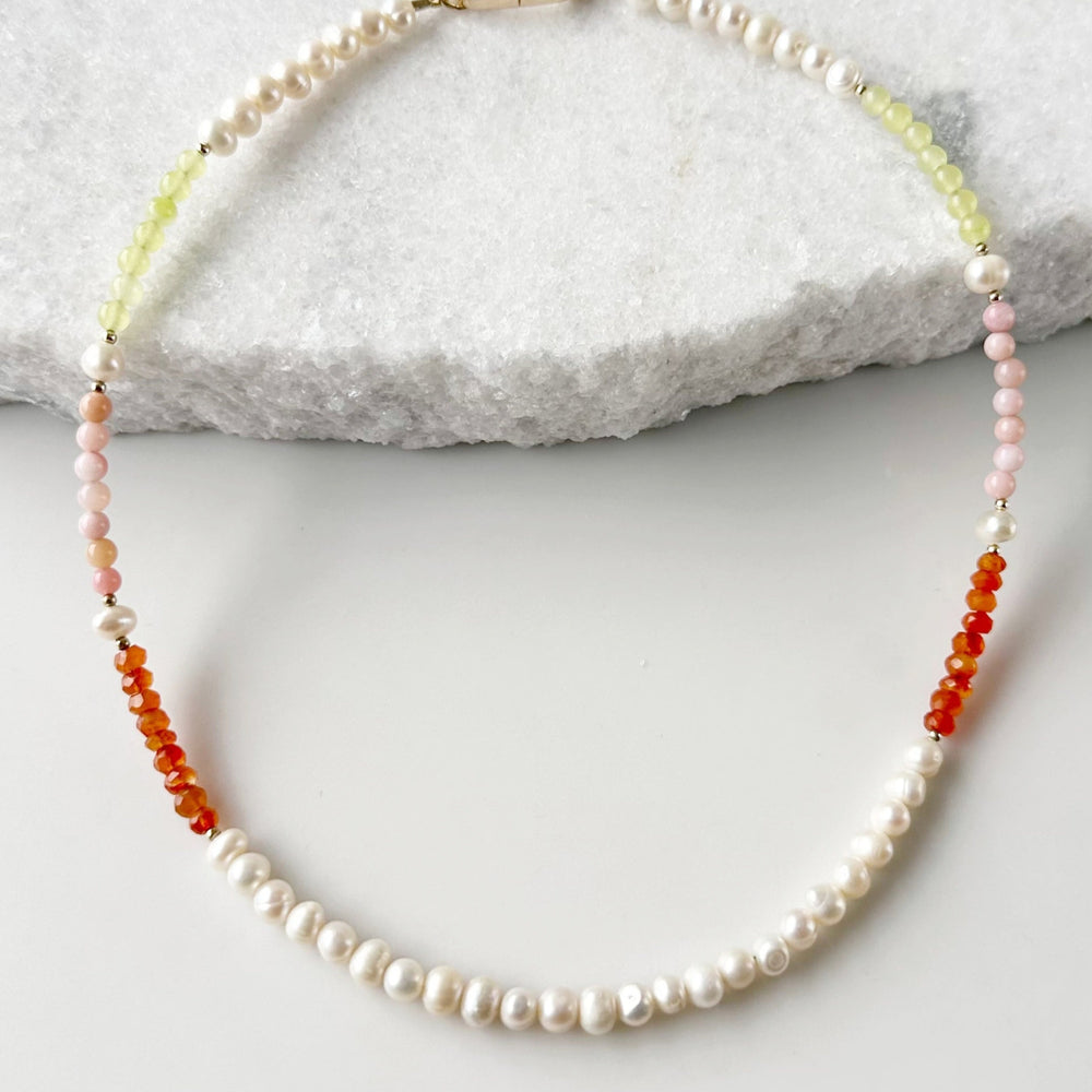 A Trio of Semi-Precious Stones, 5mm White Freshwater Pearls, Gold-Filled Beads and a Gold-Plated Rectangular Charm Clasp Combine to Make this 18” Necklace a One-Of-A-Kind Treat. Charm Clasp at Back