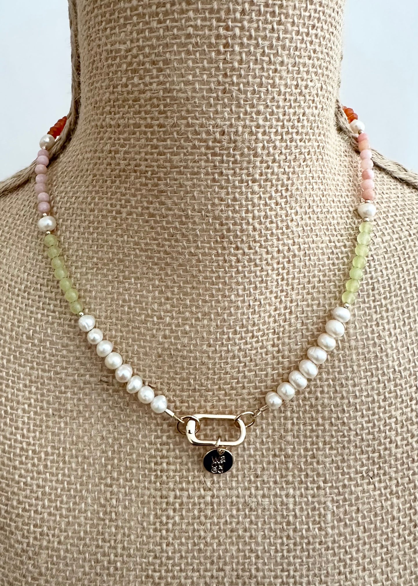A Trio of Semi-Precious Stones, 5mm White Freshwater Pearls, Gold-Filled Beads and a Gold-Plated Rectangular Charm Clasp Combine to Make this 18” Necklace a One-Of-A-Kind Treat. On Bust