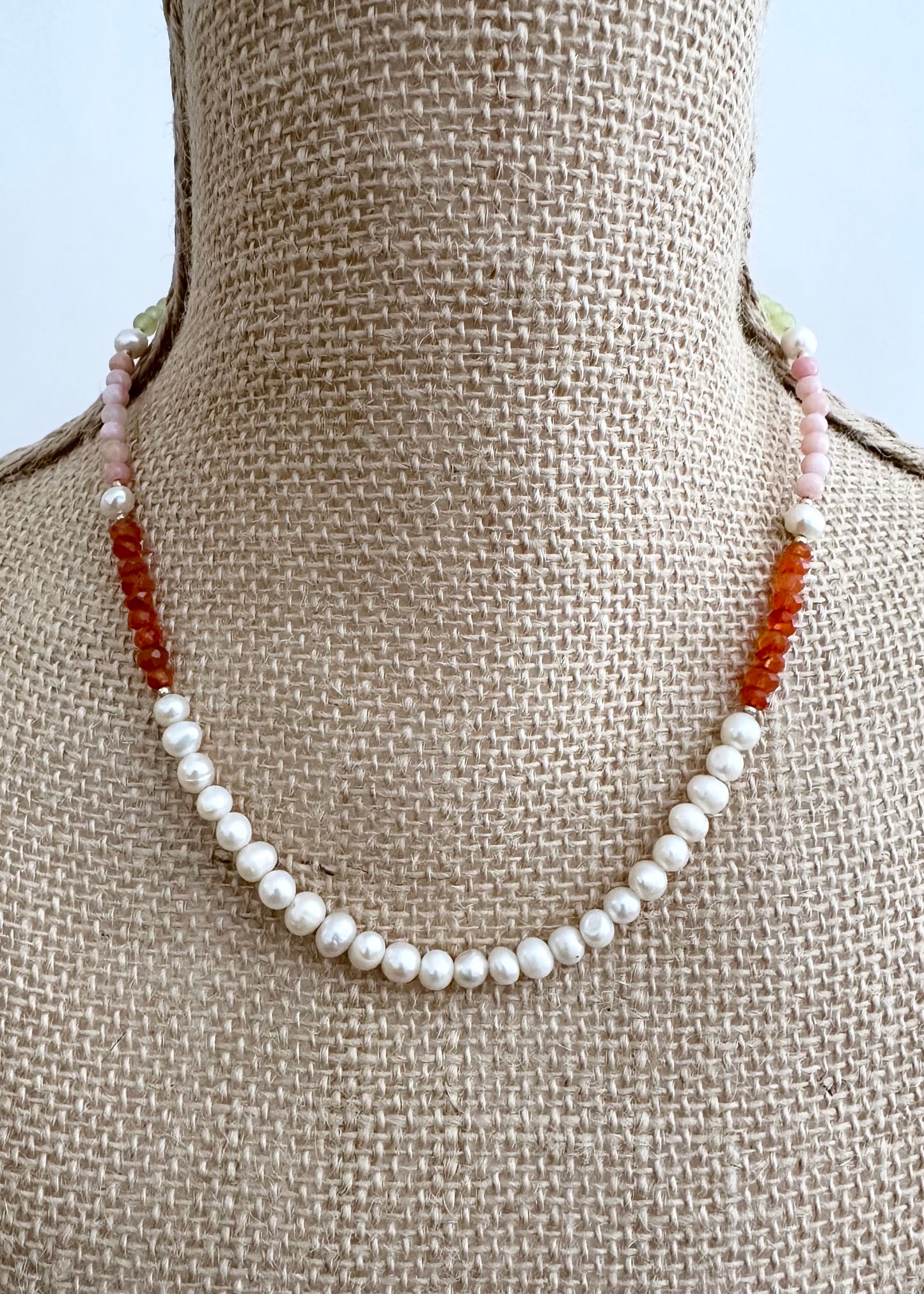 A Trio of Semi-Precious Stones, 5mm White Freshwater Pearls, Gold-Filled Beads and a Gold-Plated Rectangular Charm Clasp Combine to Make this 18” Necklace a One-Of-A-Kind Treat. harm Clasp at Back, On Bust