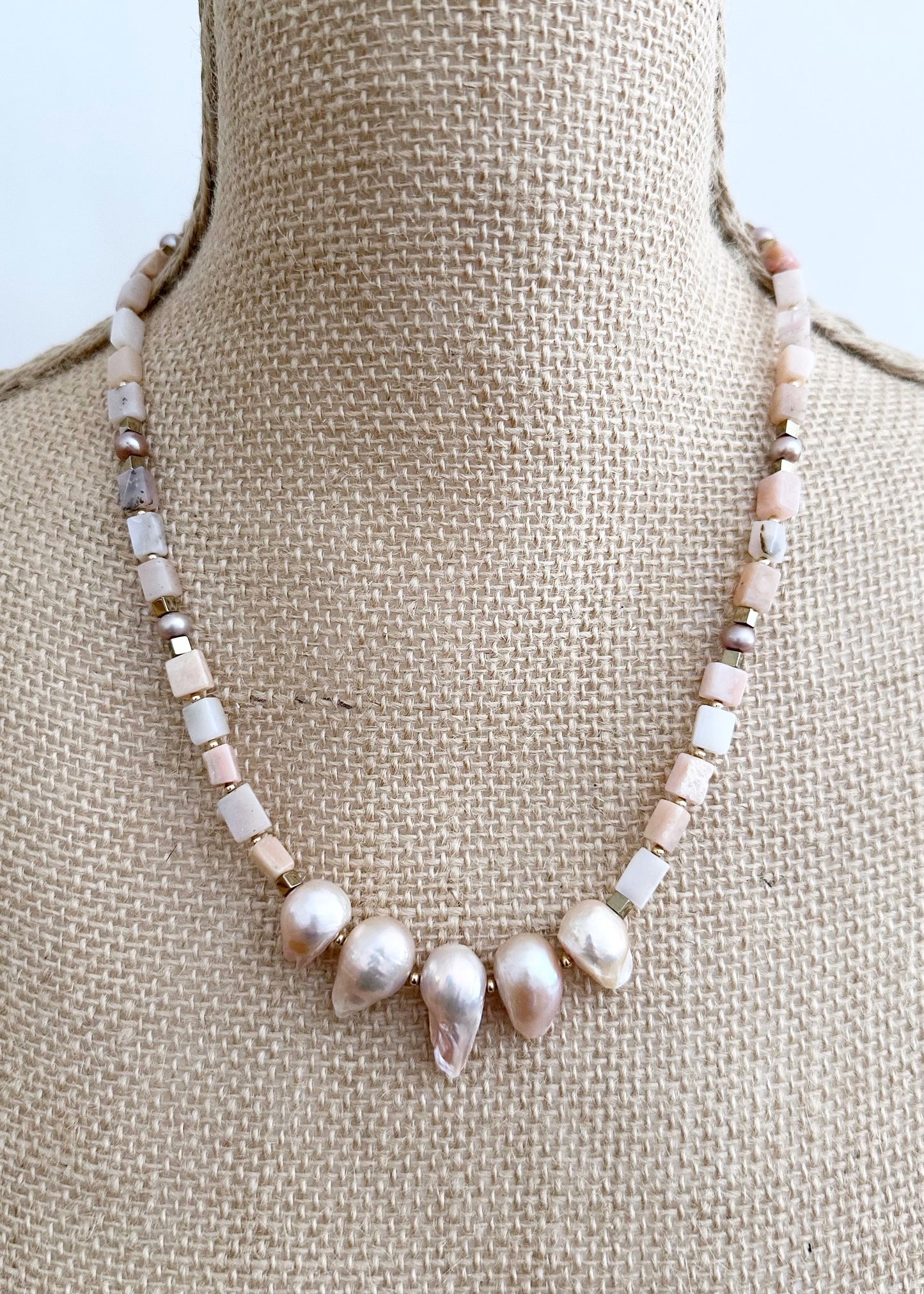 Exquisite 20.5” Necklace with Five Large Pink Baroque Pearls Surrounded by Pink Opal, Accented by Gold-Plated Hematite and Finished with a Gold-Plated Lobster Claw for Secure Wear. On Bust