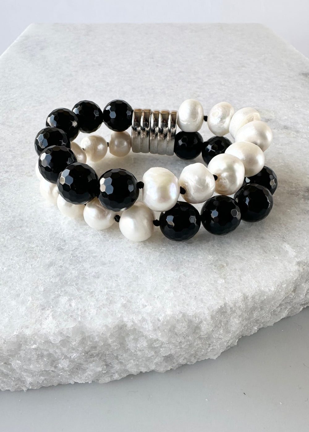 Two rows of Large Baroque Freshwater Pearls and 12mm (Black) Faceted Agate Beads are completed with a Strong Secure Magnetic Clasp for Easy Wear.