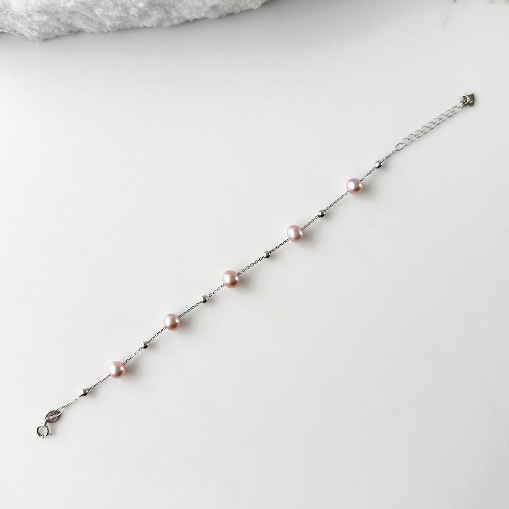 Five Beautiful Freshwater Mauve 6mm Pearls and Silver Beads Adorn a Delicate Silver Chain Bracelet (6.5” with 1.5” Extender), With Tiny Spring Ring Clasp. Showing Length