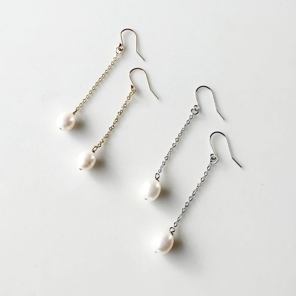 
                      
                        2.5” Delicate Gold-Plated Chain and Freshwater Pearl Drop Earring on Sterling Silver or Gold-Plated Hooks. Both Shown
                      
                    