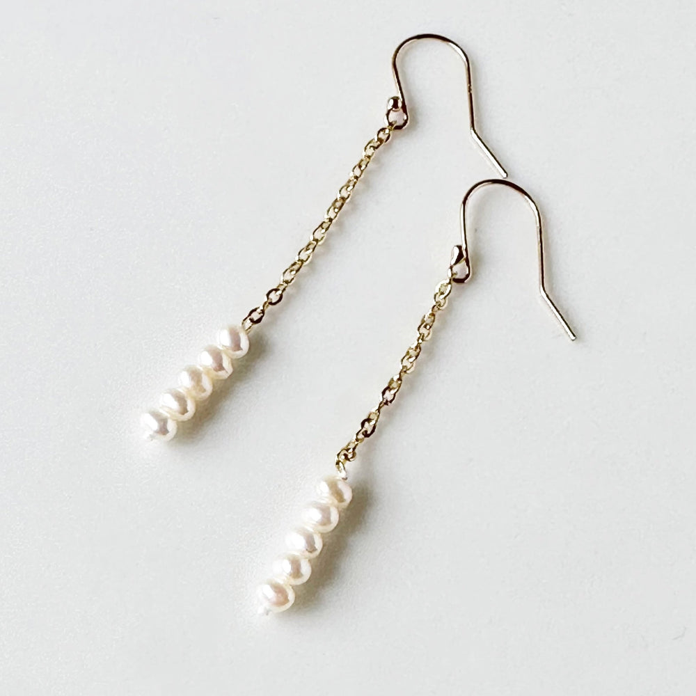 Stack of Five 3mm Freshwater Pearls On Delicate Gold-Plated Chain and Hooks in 2.5” Earring.