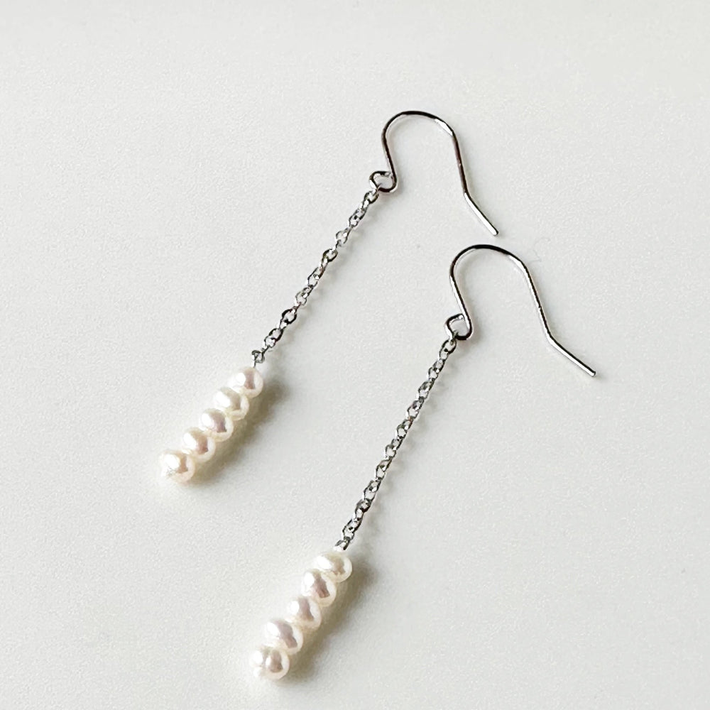 Stack of Five 3mm Freshwater Pearls On Delicate Sterling Silver Chain and Hooks in 2.5” Earring.