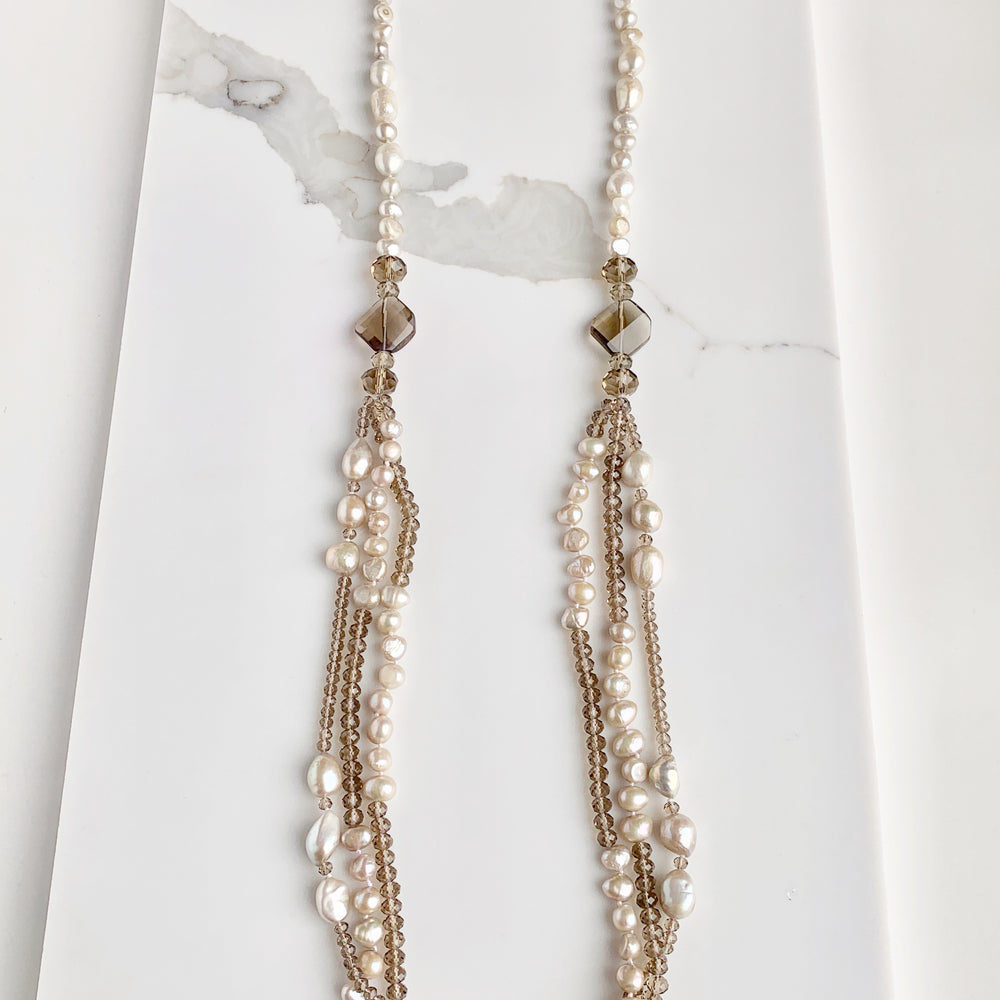 Three Strand Freshwater Pearl and Champagne Crystal Necklace