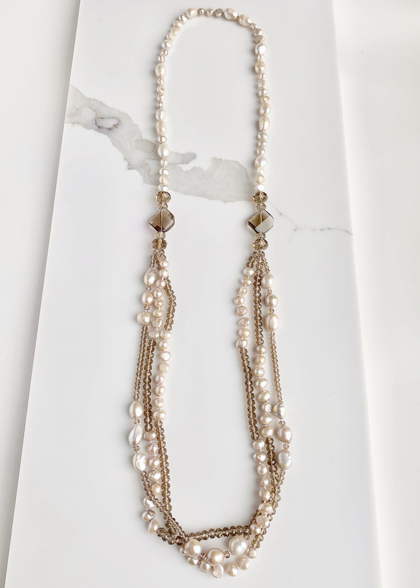 Three Strand Freshwater Pearl and Champagne Crystal Necklace