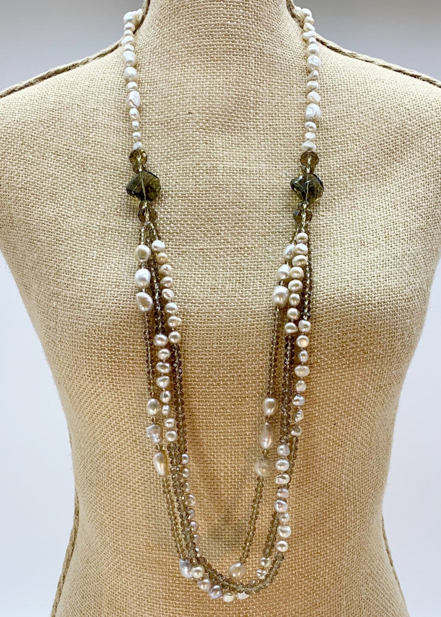 Three Strand Freshwater Pearl and Champagne Crystal Necklace