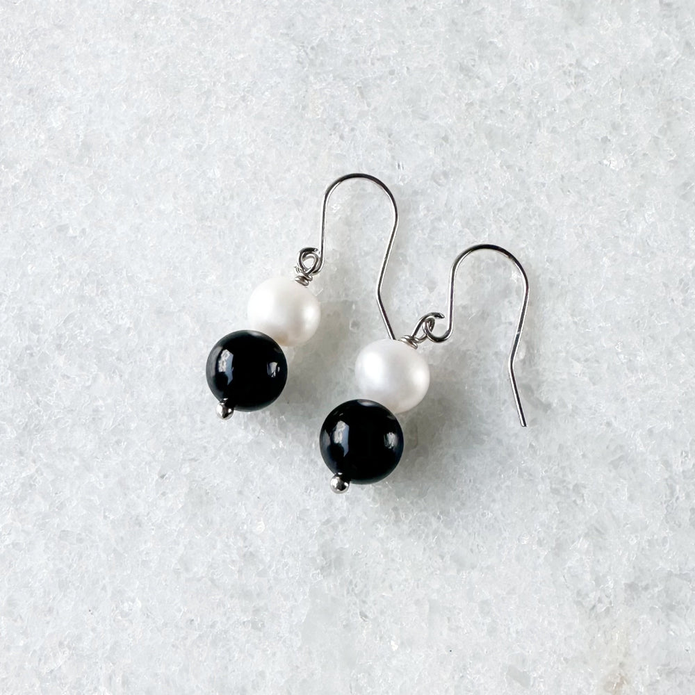 White Freshwater Pearl and Black Agate Stack 1.25” Earring on Sterling Silver Hooks. 