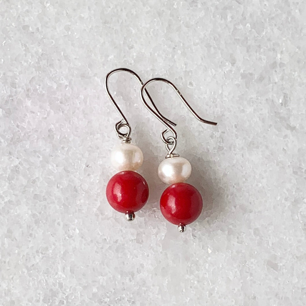 White Freshwater Pearl and Red Agate Stack 1.25” Earring on Sterling Silver Hooks. 