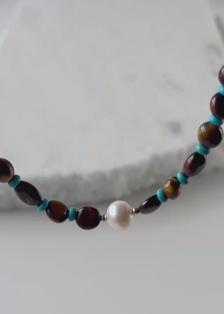 TIGER EYE, TIBETAN TURQUOISE & PEARL NECKLACE - WANTED ONE OF A KIND