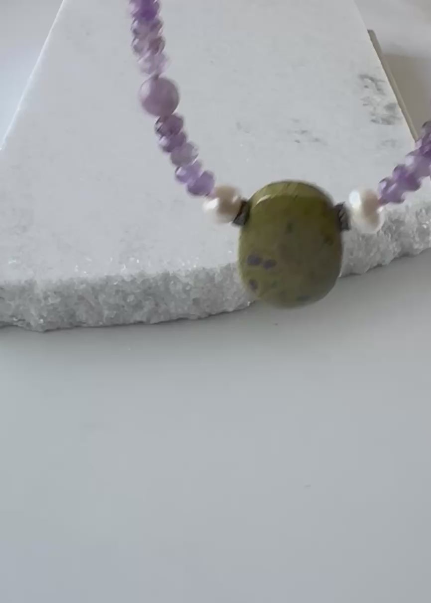 STICHTITE, AMETHYST & PEARL NECKLACE - WANTED ONE OF A KIND